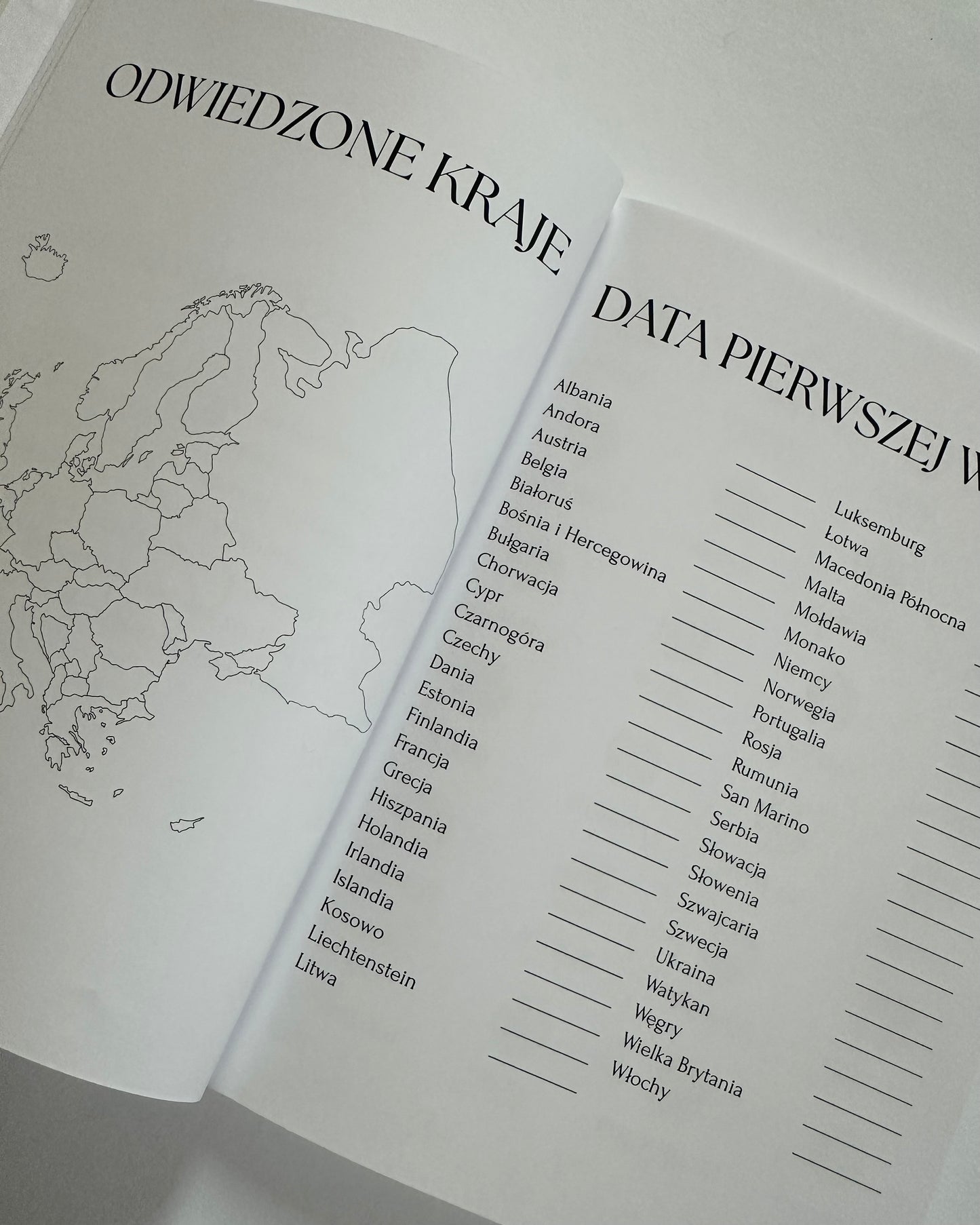 Otwarty dziennik podróży Europa mapa do kolorowania, kalendarz wizyt