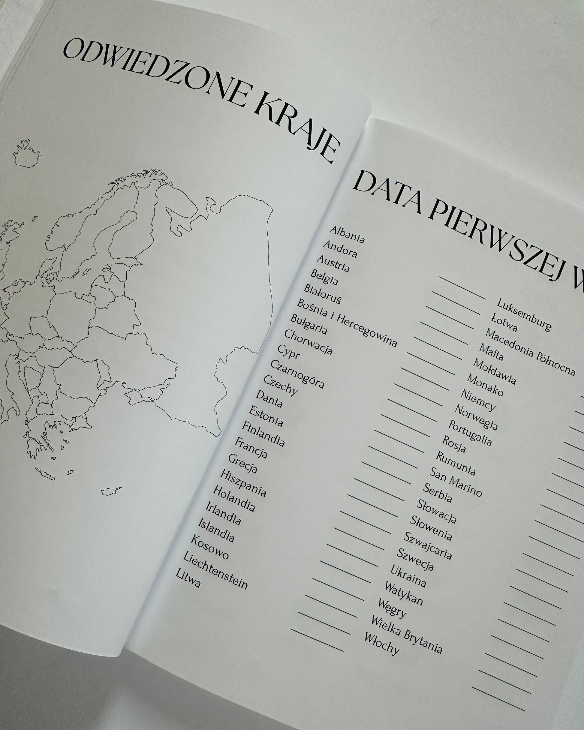 Otwarty dziennik podróży Europa mapa do kolorowania, kalendarz wizyt